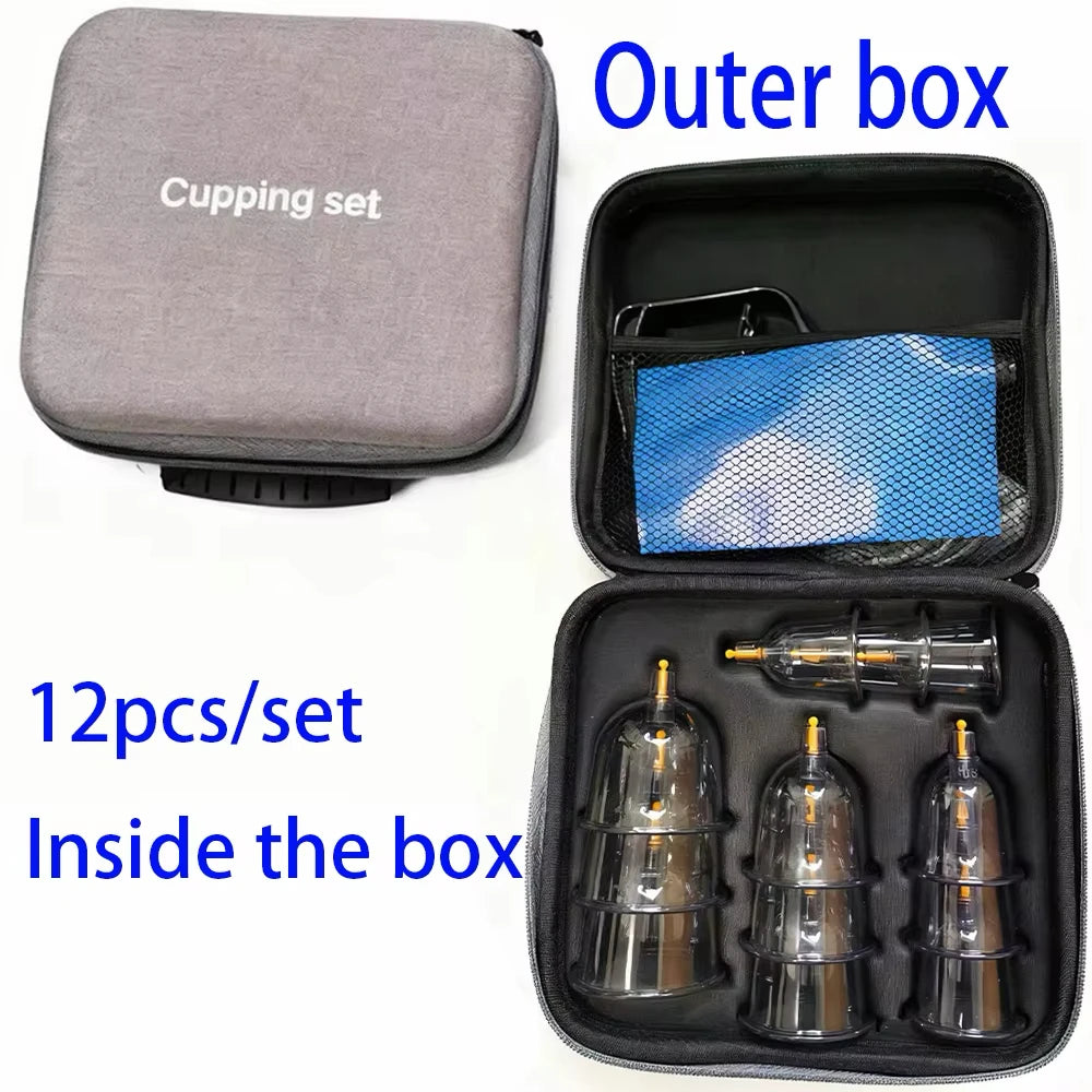 24/12Pcs Cupping Relaxation Set: Cupping Cups in Various Sizes, a Manual Pump, and a Detailed Guide. Cupping Set for Massage